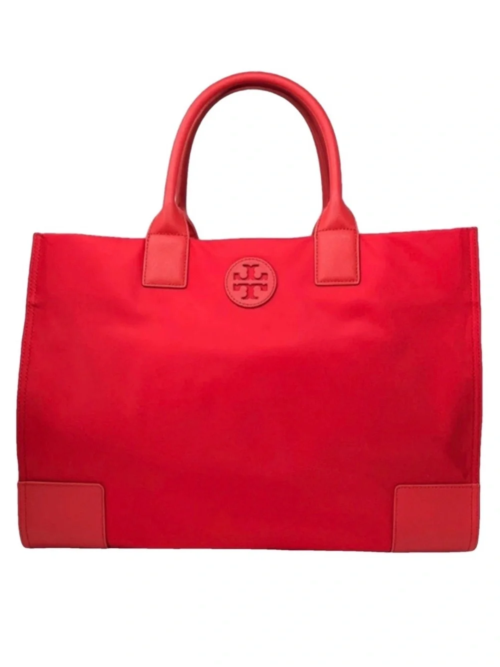Tory Burch Ella Tote Red Nylon Saffiano Leather Trim Large Shoulder Bag